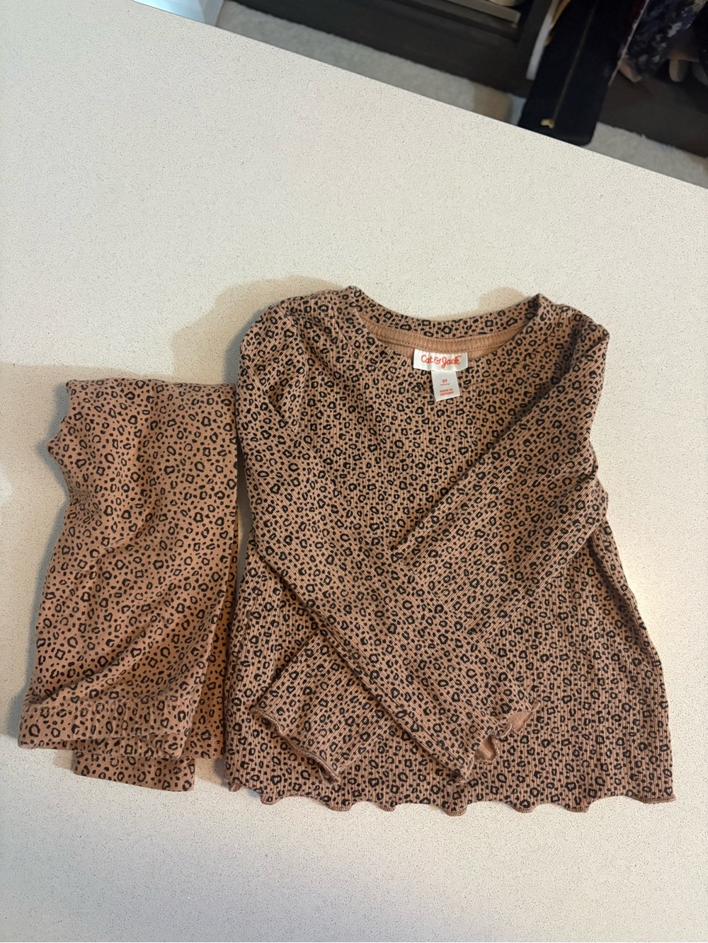 Cat & Jack Girls' Brown Leopard Print Long-Sleeve Ribbed Top and Leggings Set